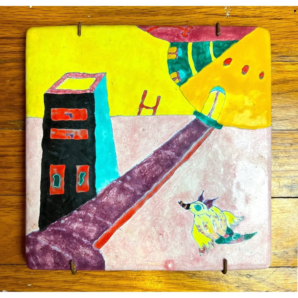 Vintage Signed Folk Art Tile Surreal Outsider Art Ceramic Whimsical Cryptid Bird